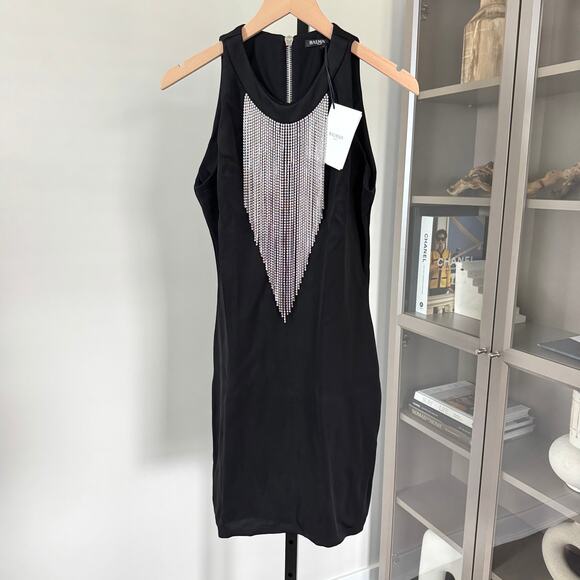 Balmain Crystal Embellished Fringe Round Neckline Mini Dress 40 NEW Sleeveless - Picture 1 of 6